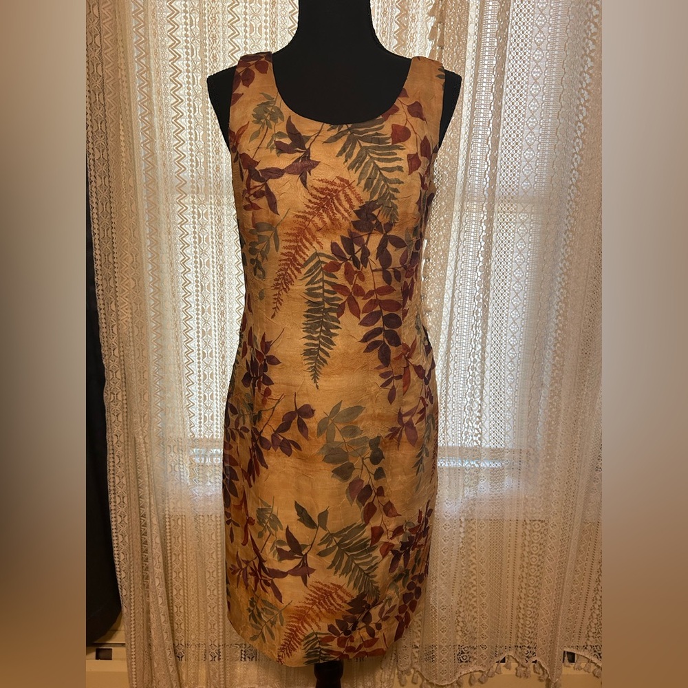 Elegant Leaf Print Midi Dress - Brown and Purple